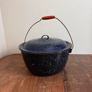 Vintage‎ Graniteware Blue Speckled Cold Packer Water Canning Pot & Lid